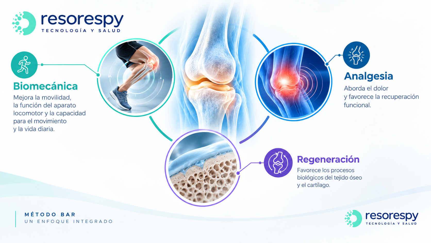 Infografía del método BAR y sus tres componentes: biomecánica, analgesia y regeneración, en el abordaje de las patologías musculoesqueléticas.