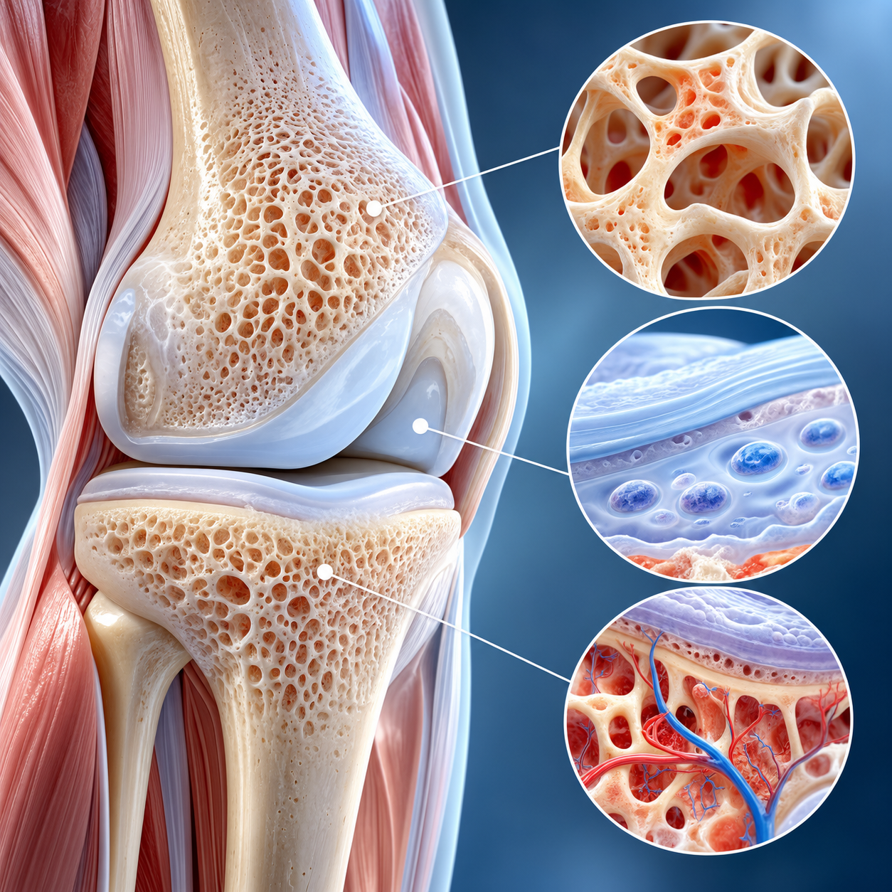 Ilustración médica de la estructura del hueso y el cartílago articular de la rodilla
