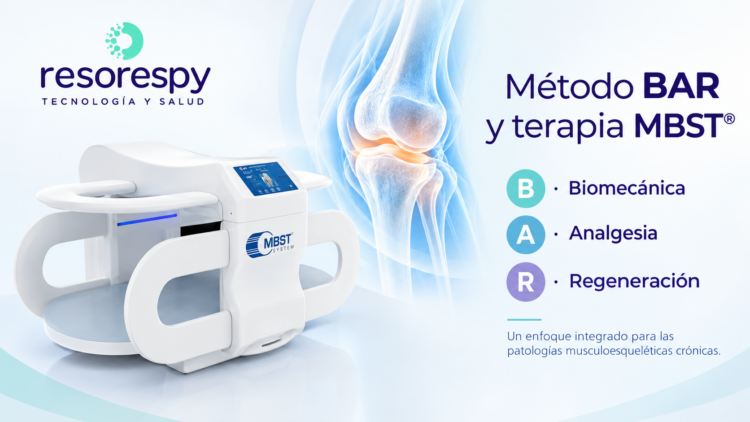 Máquina MBST® y representación anatómica de una articulación para ilustrar el método BAR en RESORESPY.